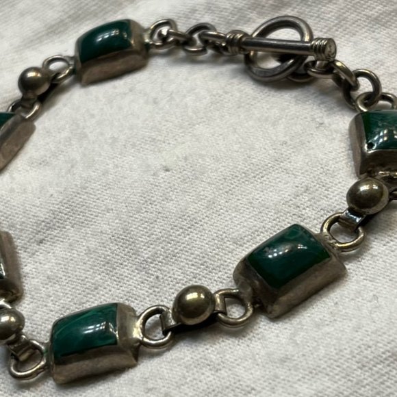 Sterling Silver Natural Machite Cabochon Toggle Clasp Bracelet